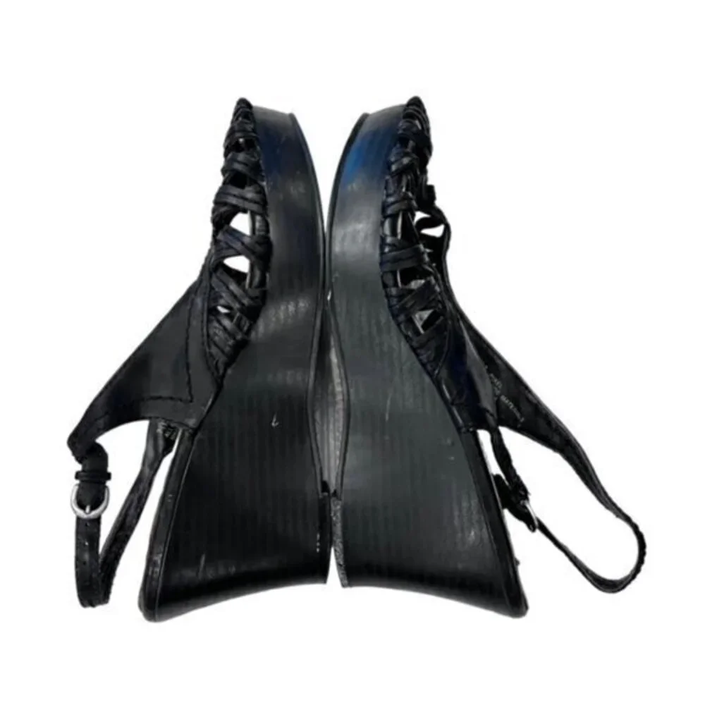 Nicole Black Woven Leather Slingback Wedge Sandals